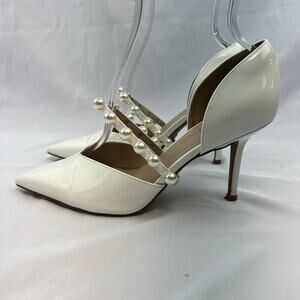 Bridal Pearl Strap Heels White Patent Point Toe Pumps Size 9 Coquette Wedding